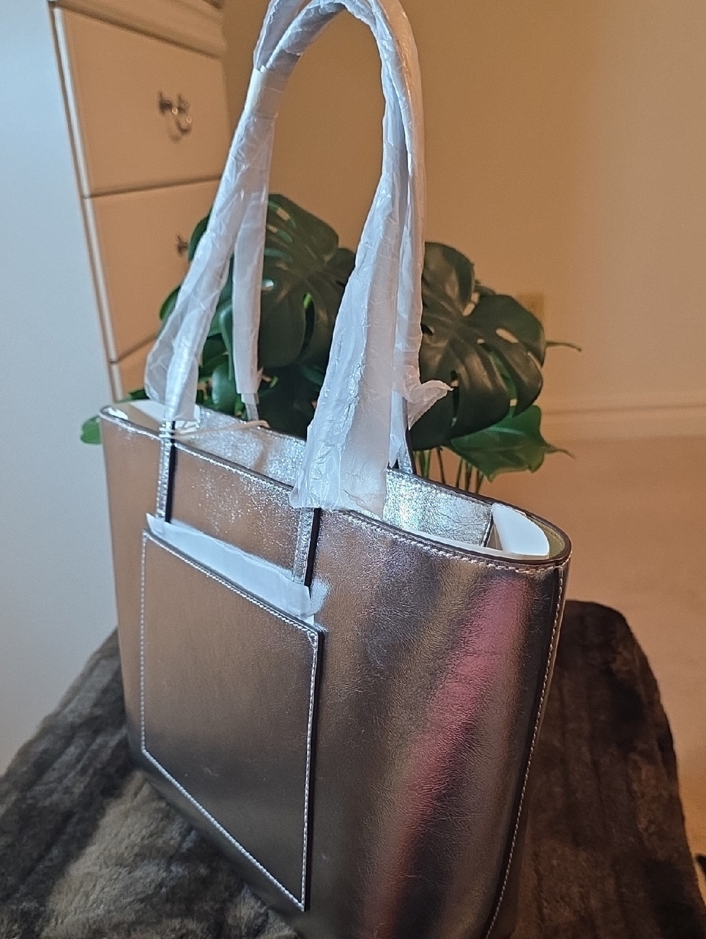 Nwt Tory Burch Metallic Gunmetal Tote - Picture 10 of 13